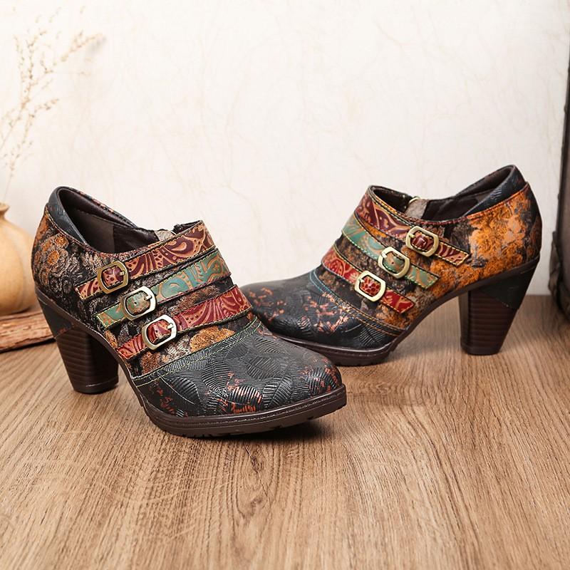 Johnature Туфли-лодочки из натуральной кожи, женская обувь, модная женская обувь ручной работы на высоком каблуке с круглым носком в стиле ретро с принтом