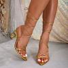 Женские сандалии Золотые сандалии Модные сандалии на высоком каблуке Ремешок Женская обувь Высокие каблуки На шнуровке Каблуки особой формы
