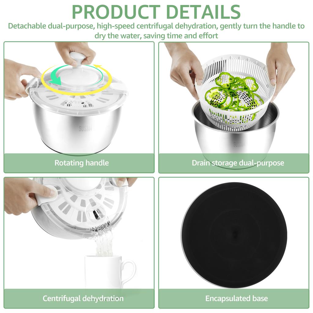 Salad Spinner 304 Stainless Steel Lettuce Spinner 5L Vegetable Dryer with Drainage Hole Nonslip Salad Spinner for Drying