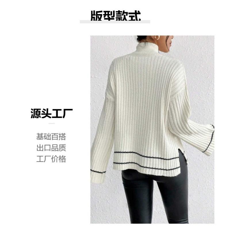 Women S Loose Long Sleeve Knitted Sweater Color Block Patchwork Casual