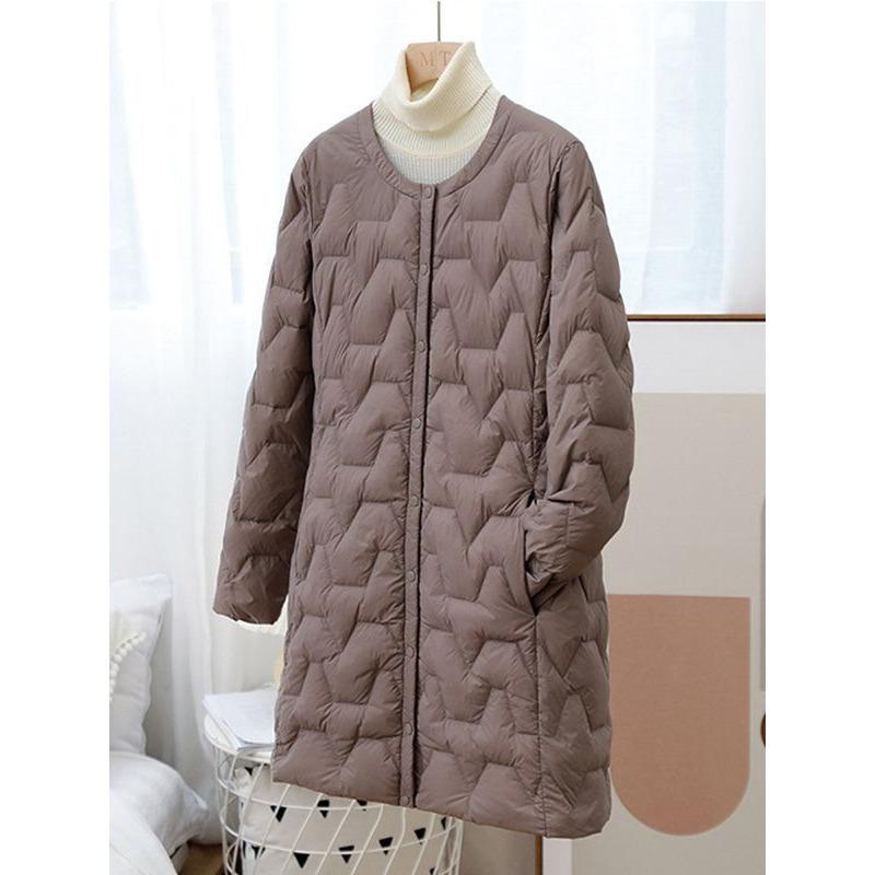 Осень и зима Новые легкие пуховики женские средние и длинные с круглым вырезом длинная корейская версия без воротника внутренняя куртка