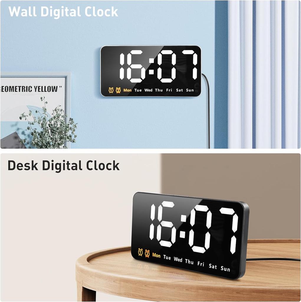 Большой светодиодный дисплей, будильник, 9,1-дюймовые настенные часы с 3 регулировками яркости, формат 12/24 ч, автоматическое затемнение, 2 функции повтора будильника