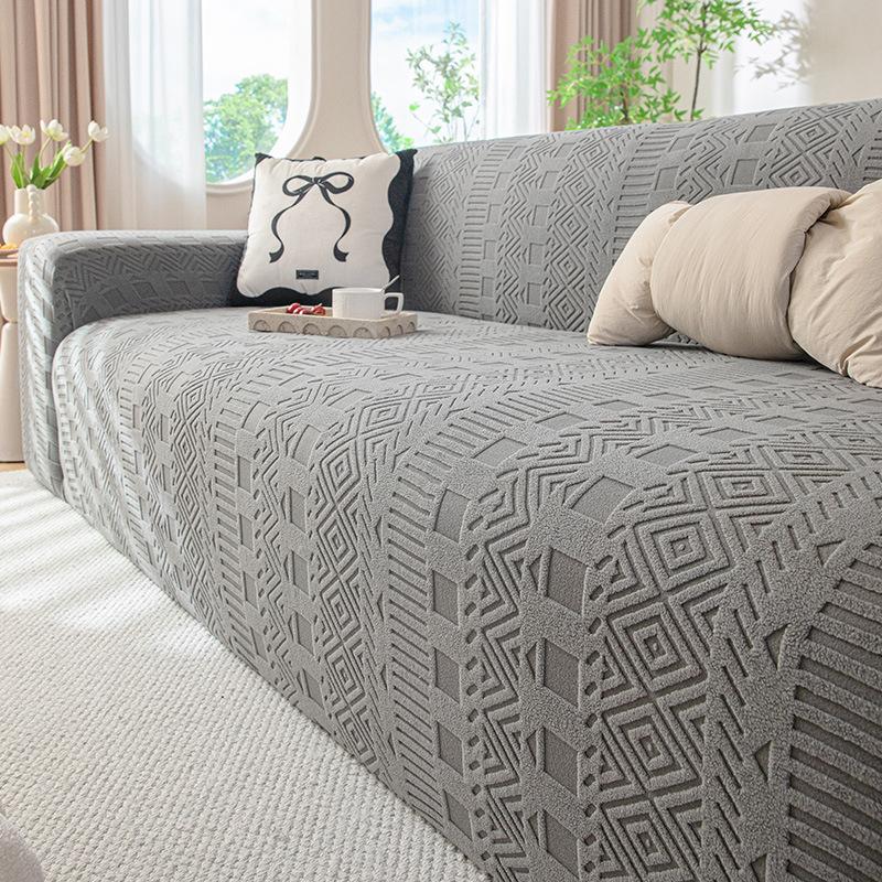 High-End Solid Elastic Sofa Cover Non-Slip All-Inclusive Polar Fleece Sofa Protector Soft Stretch Dust Cover with Strap