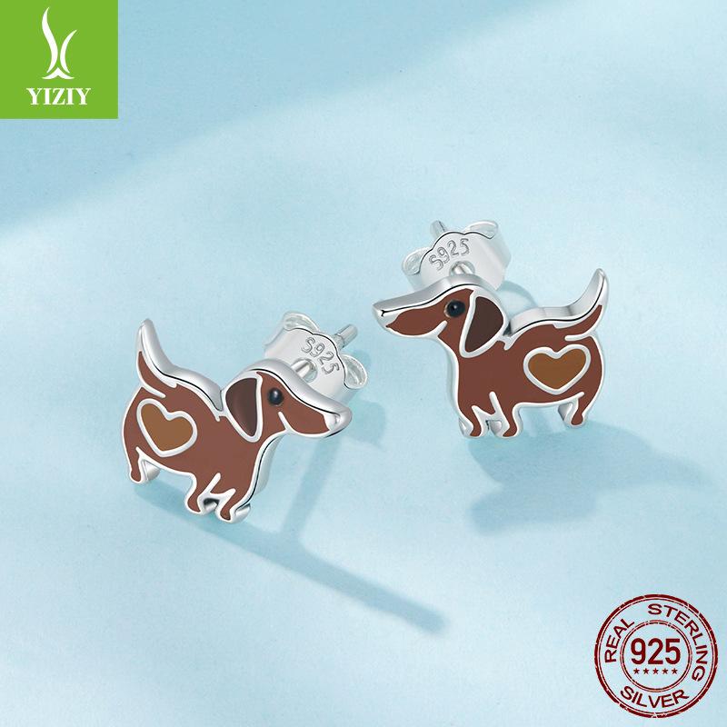 Animal Dachshund Dog Stud Earrings Cute Dog S925 Sterling Silver Oil Stud Earrings