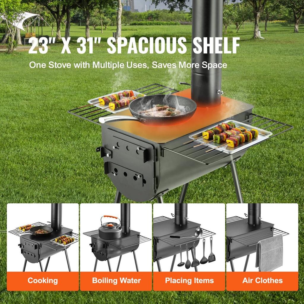 Wood Stove, 118 inch, Alloy Steel Camping Tent Stove, Portable Wood Burning Stove with Chimney Pipes & Gloves, 3000in³Firebox Hot Tent Stove for