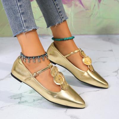 Французские золотые туфли на высоком каблуке с острым носком, женские, весна 2024, ретро-туфли Мэри Джейн, модные туфли на плоской подошве с неглубоким носком, Zapatos Mujer 2024 Tendencia