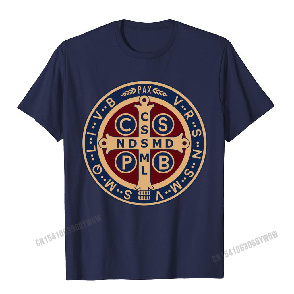 The Saint Benedict Medal Catholic Pullover Tees Camisas Men Slim Fit Mens T Shirt Printed T Shirt Cotton Geek