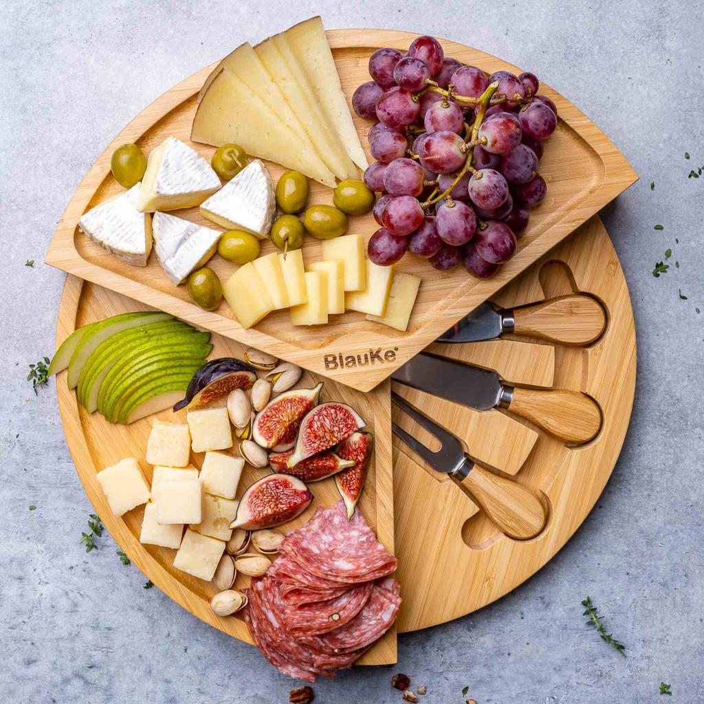 Bamboo Cheese Board Set - 37cm Swiveling Charcuterie Board with Slide-Out Drawer - Anniversary Birthday Housewarming Gift