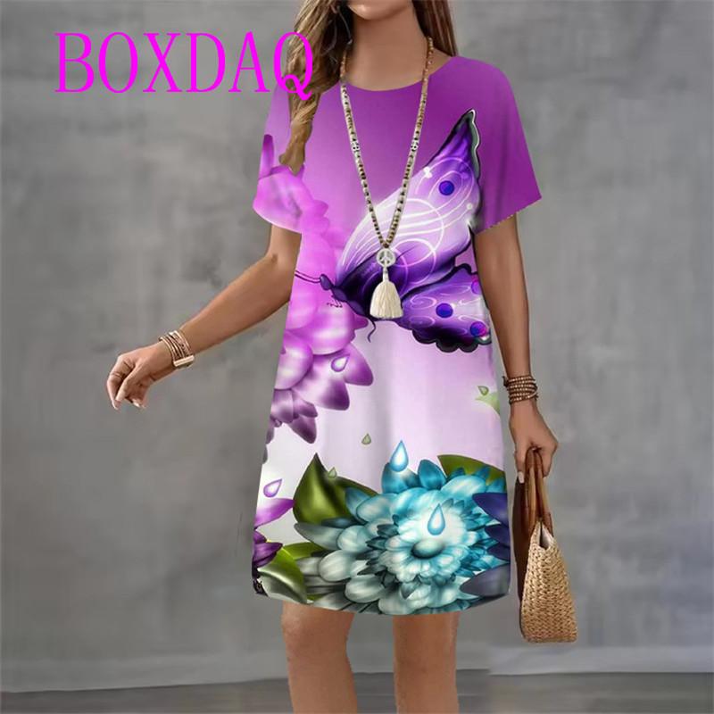 Elegant Colorful butterfly print Women Dress Spring Summer New Casual A-Line Dress Cute Sweet Short sleeve Loose Women Sundress
