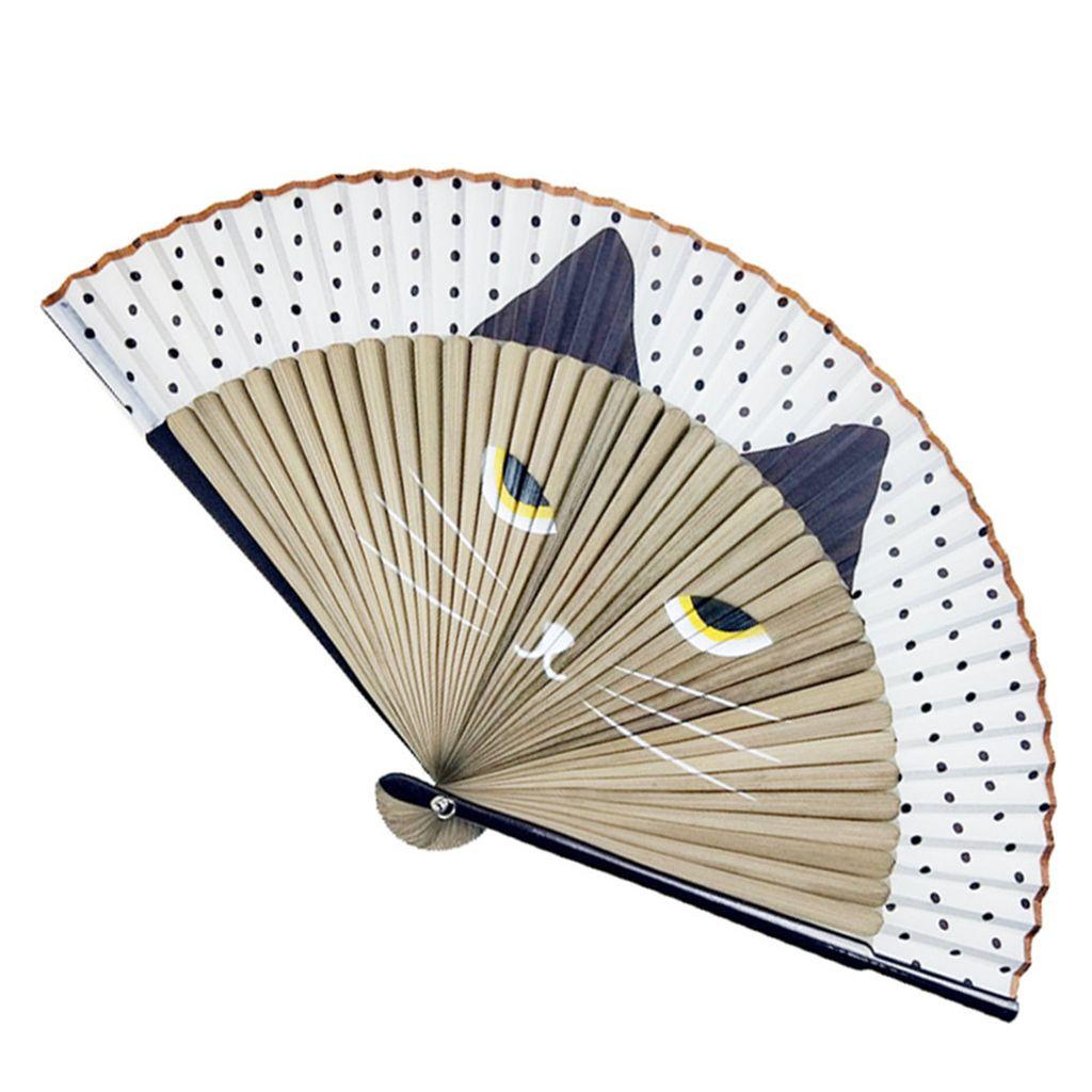 Cat Patterns Summer Gift Handmade Bamboo Wooden Fan Crafts Folding Fan Home Decoration Silk Fan