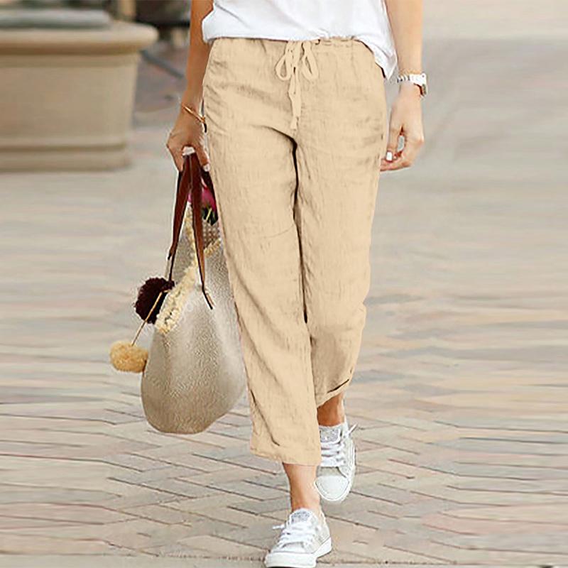 ZANZEA Женские повседневные брюки с эластичной резинкой на талии и шнурком, однотонные