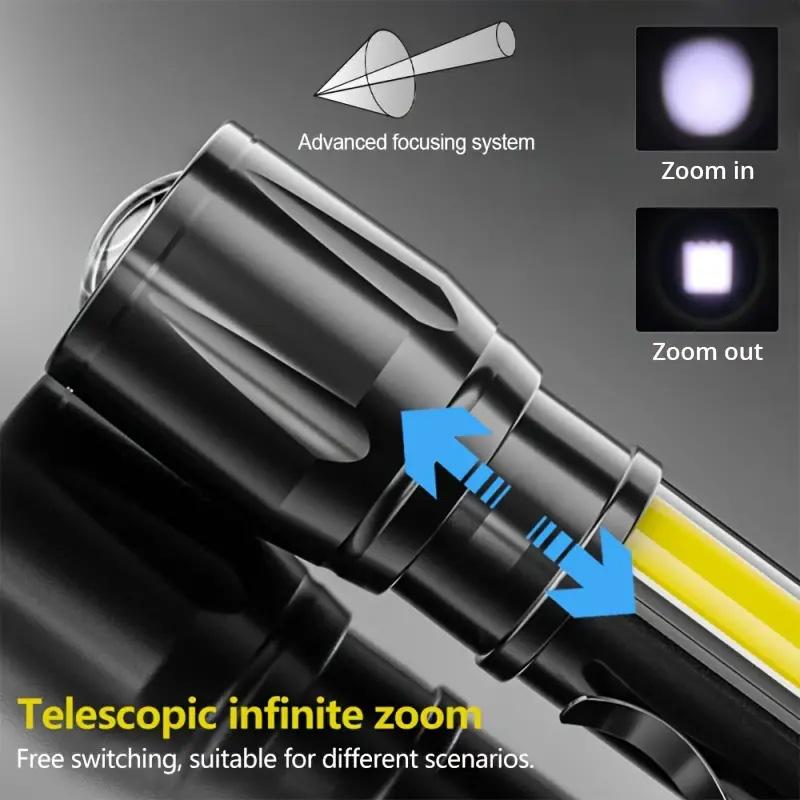 Mini Zoomable LED Flashlight with XPE and COB Side Light USB Rechargeable, Waterproof, High Power Torch for Outdoor, Camping, Emergency Use