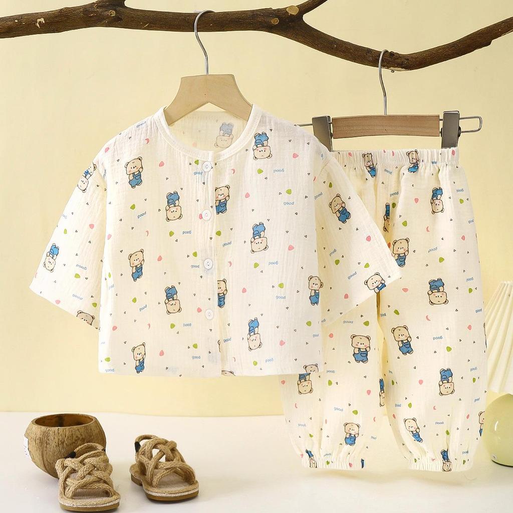Children's Cotton Gauze Pajamas Set - Summer Long-Sleeve with Lantern Pants