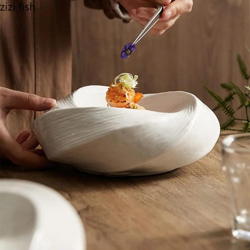 Нестандартная керамическая обеденная тарелка, десертная тарелка для ресторана, тарелка для закусок, толстые суповые тарелки, кухонные тарелки, однотонная столовая посуда для отелей