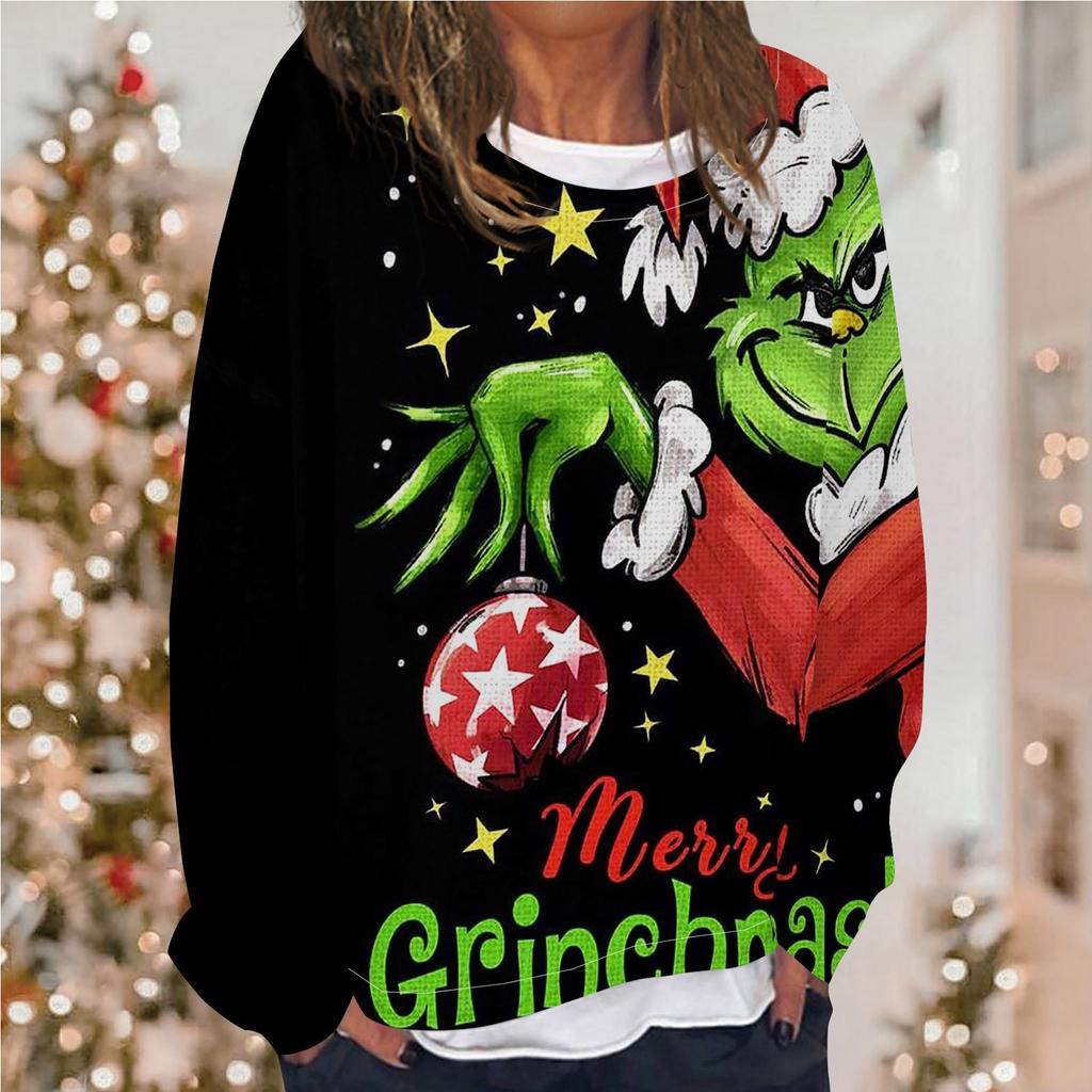 Женская повседневная модная толстовка с длинным рукавом и круглым вырезом с рождественским принтом, многослойный пуловер, топ