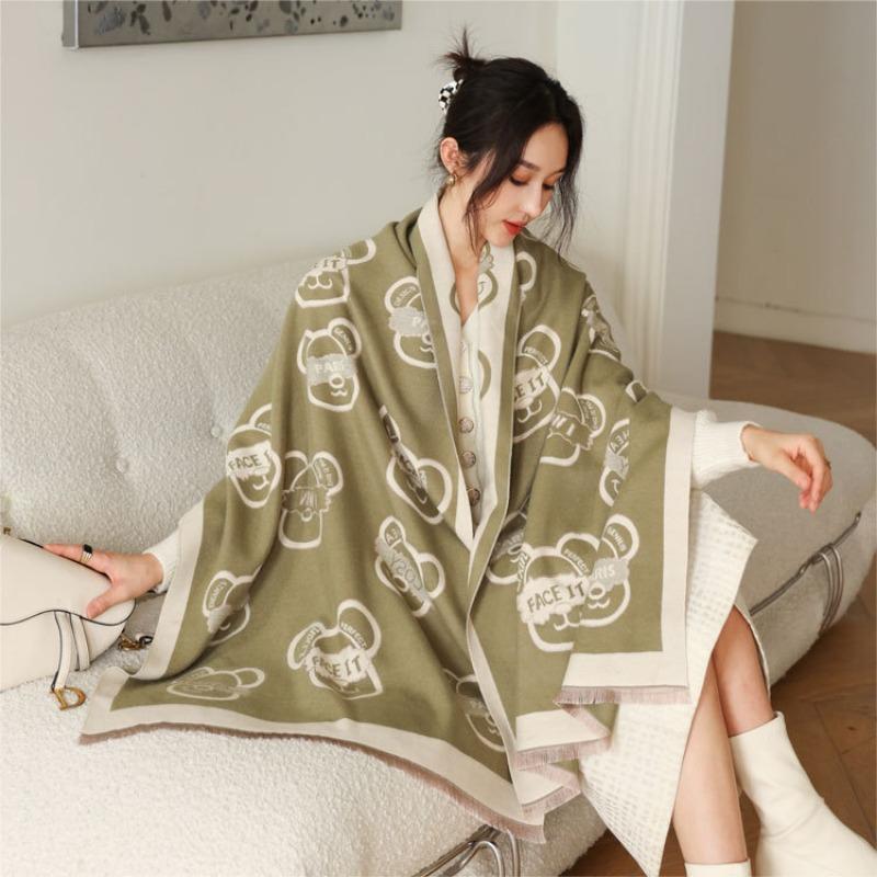 Autumn and Winter New Cartoon Bear Jacquard Scarf Women's Thickened Versatile Imitation Cashmere Scarf Winter Warm Shawl
