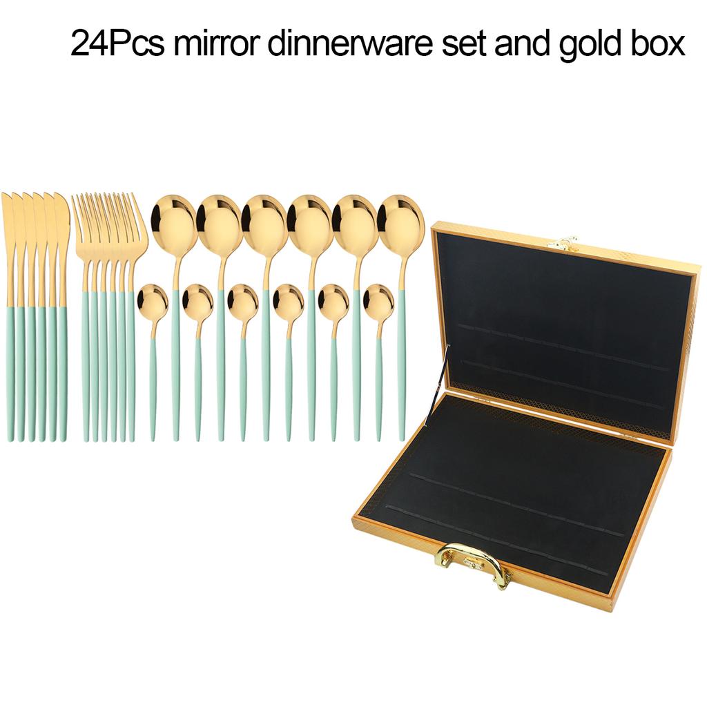 24Pcs Black Gold Dinnerware Set with Box Knives Fork Tea Spoon Cutlery Set Stainless Steel Silverware Tableware Kitchen Flatware