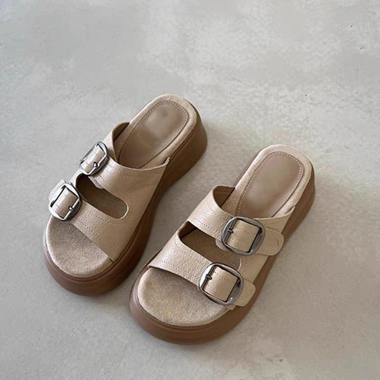 Retro soft leather open-toed slippers women's muffin thick-bottomed versatile French belt buckle cool slippers Xiaohongshu popular