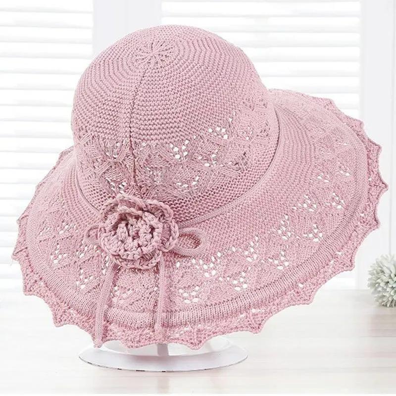 WTEMPO Women's Spring Summer Versatile Solid Color Flower Sun Hats Wide Brim Breathable Foldable Beach Flower Knitted Hats