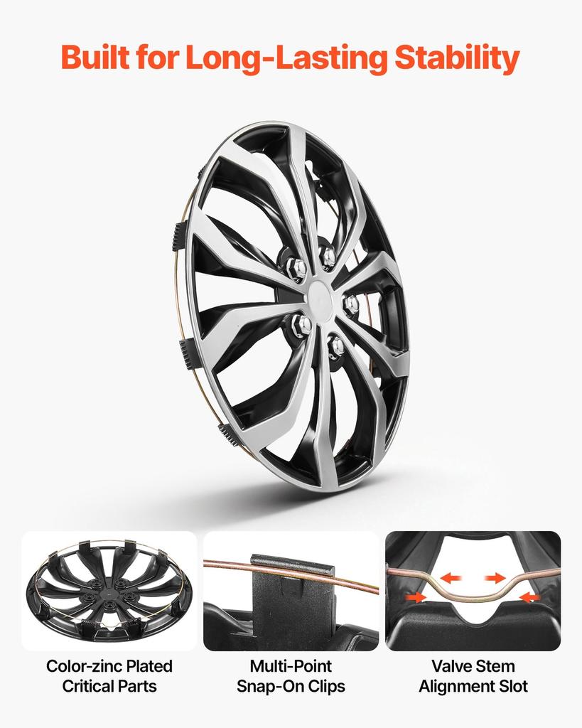 Hubcaps Wheel Covers, 15 Inch Set of 4 Wheel Rim Cover Hubcaps OEM Replacement, R15 Size Snap On Car Hub Caps, Universal 10-Spoke ABS Tire Rim Caps