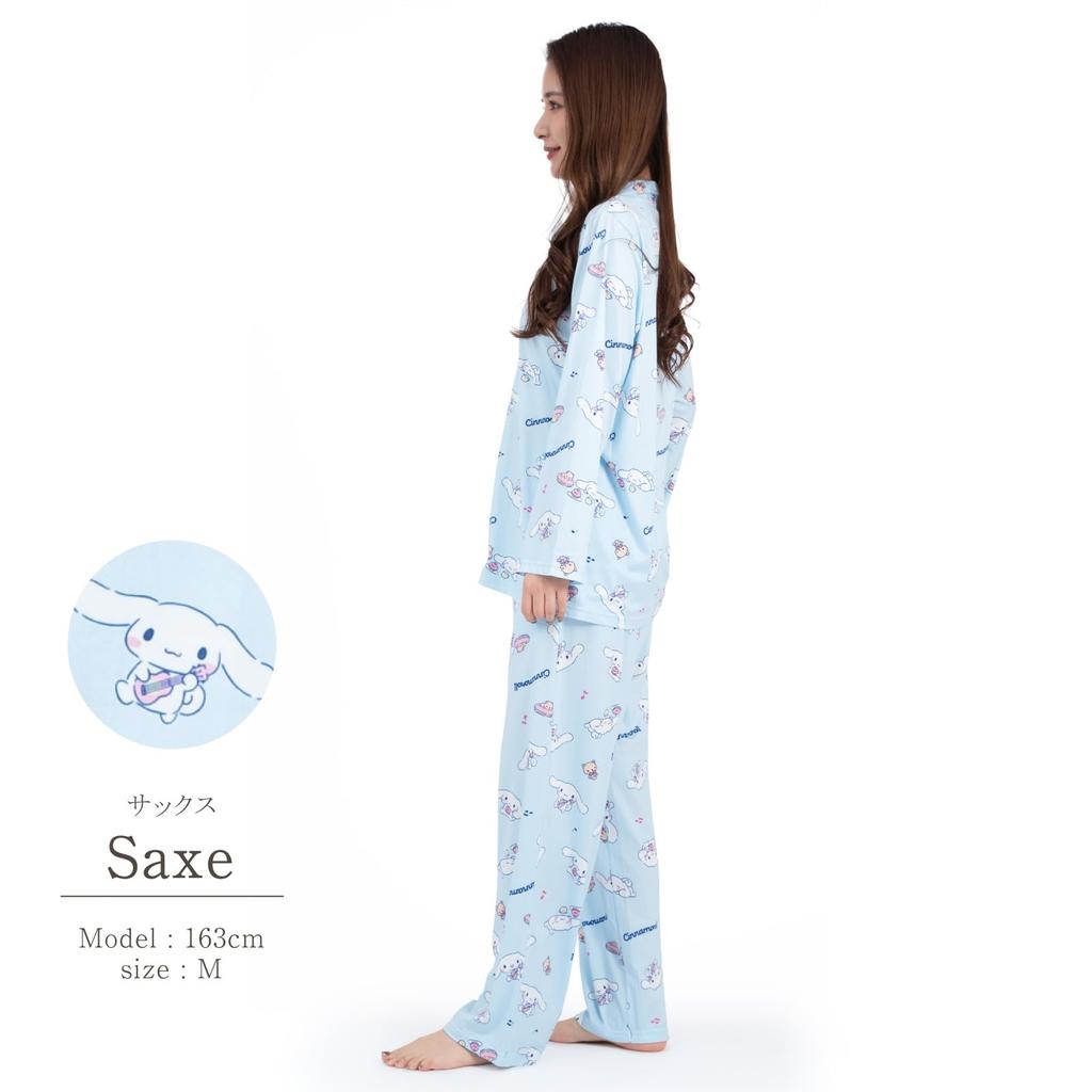 SAZAC Cinnamoroll Shirt Powder Long Sleeve and Pants MUSIC Cinnamoroll Pajamas, Stretch, Women's, Set, Loungewear, (Sax/M/SAN1788)