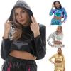 Womens Shiny Metallic Hoodies Long Sleeve Hooded Crop Top Solid Color Hoodie Sweatshirt