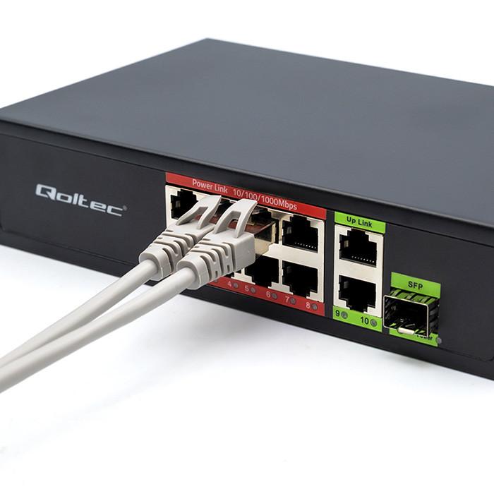 Qoltec Сетевой коммутатор SWITCH FAST Ethernet PoE 8x RJ45 PoE 2x RJ45 Uplink 1x SFP | 120 Вт | 1000 Мбит/с