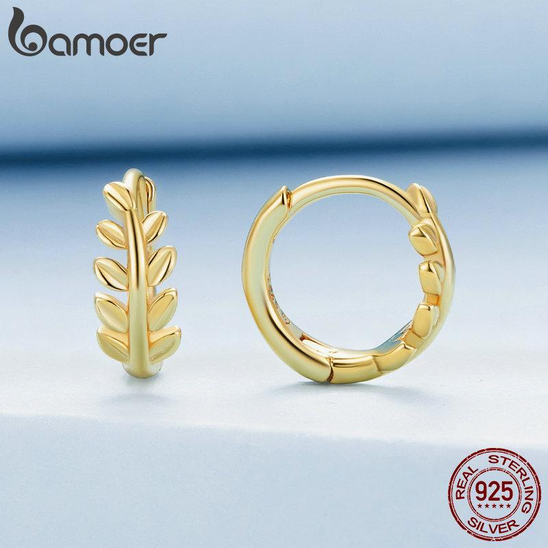 BAMOER 925 Sterling Silver Leaf Ear Buckles Simple Classic Gold Plated Hoop Earrings for Women Statement Jewelry 3 Colors