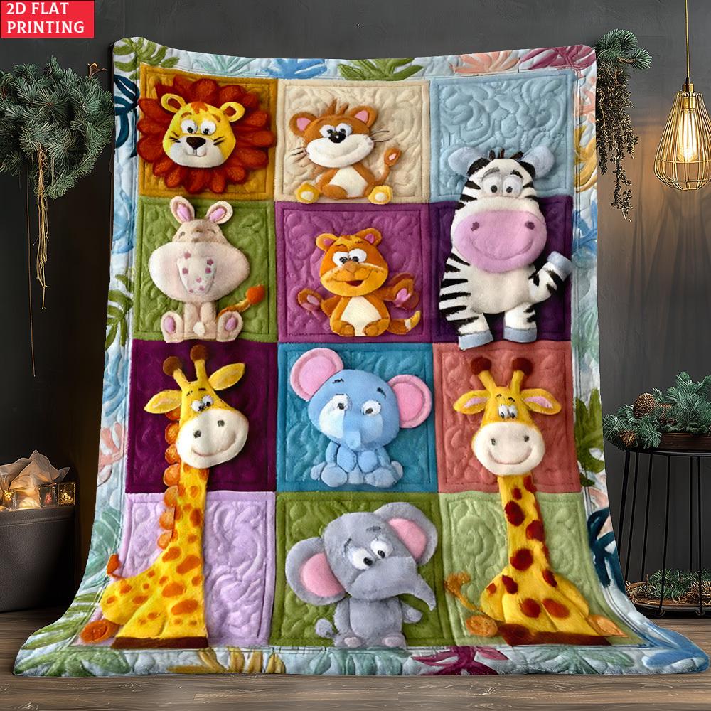 VIKAMA Grid Safari Wild Animal Fleece Blanket for Cream Nursery Playroom Kids Bedroom Decor,Couch Cover Infant Birthday Present