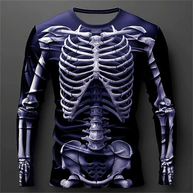 Новая 3D-футболка с рисунком скелета и черепа, мужская повседневная футболка большого размера с длинным рукавом, уличная одежда, забавные футболки