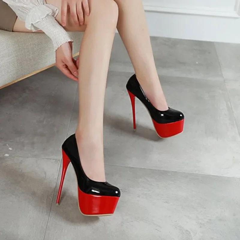 Модные женские сексуальные тонкие высокие каблуки 16 см туфли-лодочки черная лакированная кожа модные каблуки для женщин платформа свадебная ночной клуб вечеринка туфли для платья
