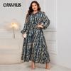 Women's Plus Size Printed Pinched Waist Polo Neck Long Sleeved Dress