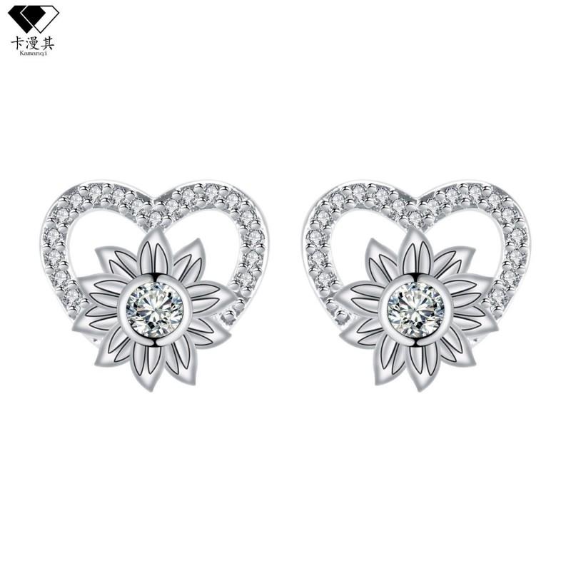Womens Heart-Shaped Sunflower Stud Earrings Post White Plated Copper Fashionable Floral Jewelry Daily Wear