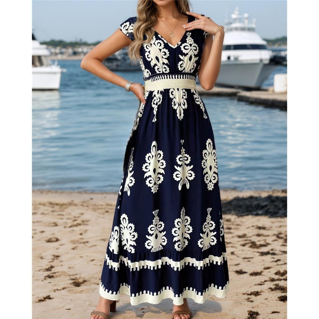 New Summer Holiday Style Printed V-neck Waist Short-sleeved Dress Holiday Long Dress
