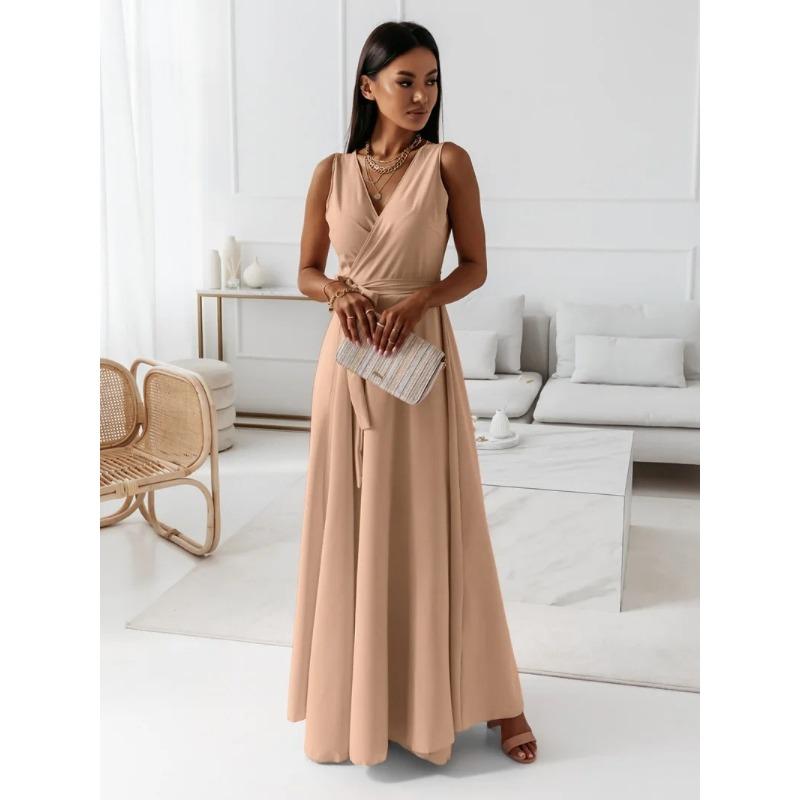 Женская мода лето весна однотонный принт без рукавов с v-образным вырезом и высокой талией повседневные платья