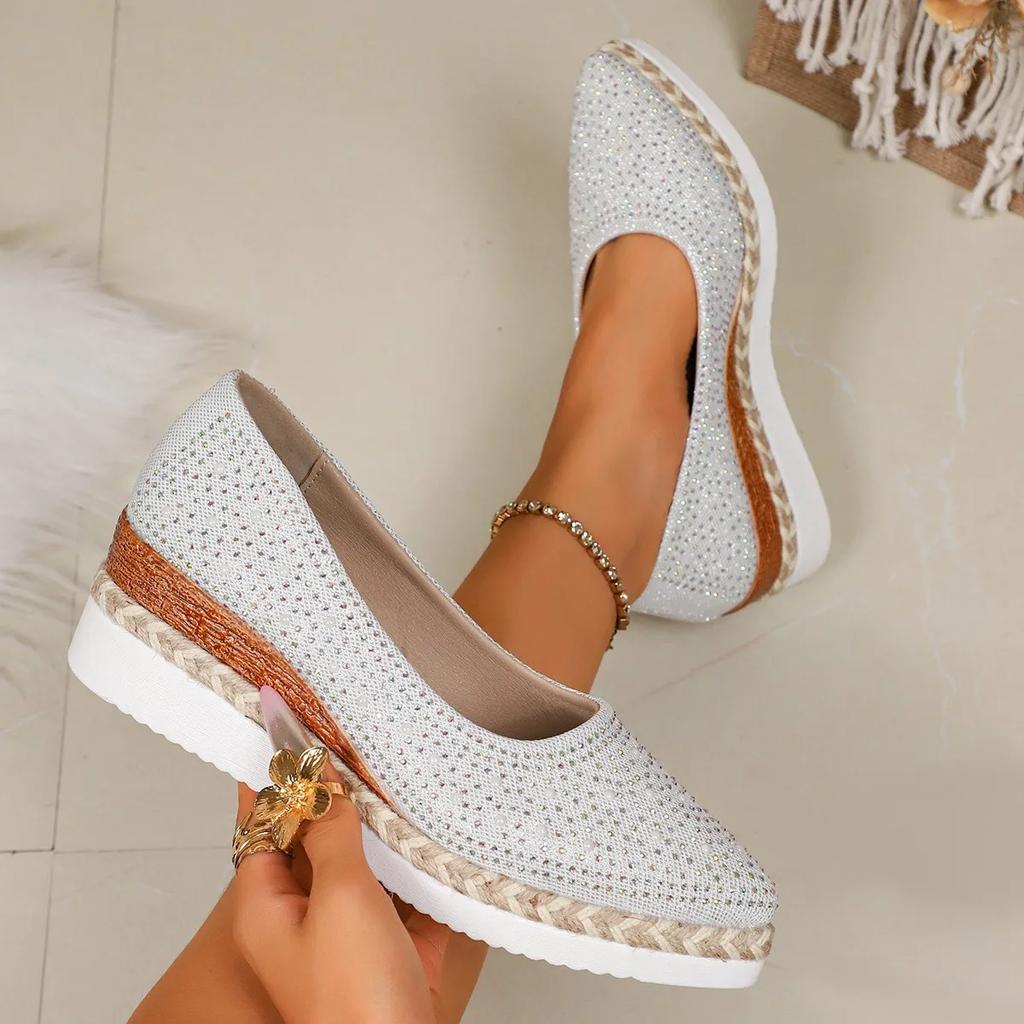 Мода Осень 2025 Новые Большие Размеры Стразы Плоская Подошва Однотонные Заостренный Носок Повседневные Женские Одиночные Туфли Обувь для Ленивых