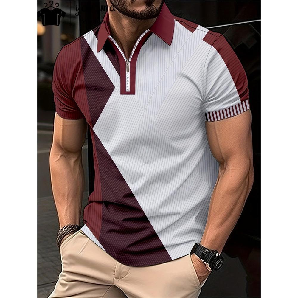 Мужская футболка-поло на молнии, модная клетчатая футболка с 3D-принтом, повседневная деловая футболка, мужское поло, уличная футболка с коротким рукавом на молнии