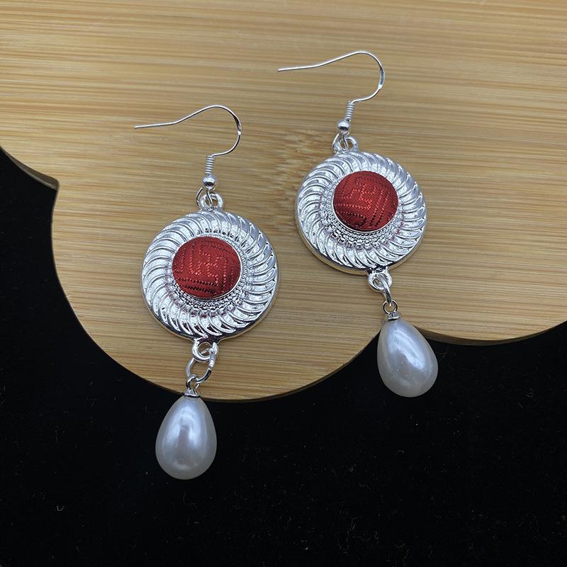 [Fabric] Mongolian earrings women's characteristic ethnic style short earrings, zinc alloy silver-plated, imitation silver earrings