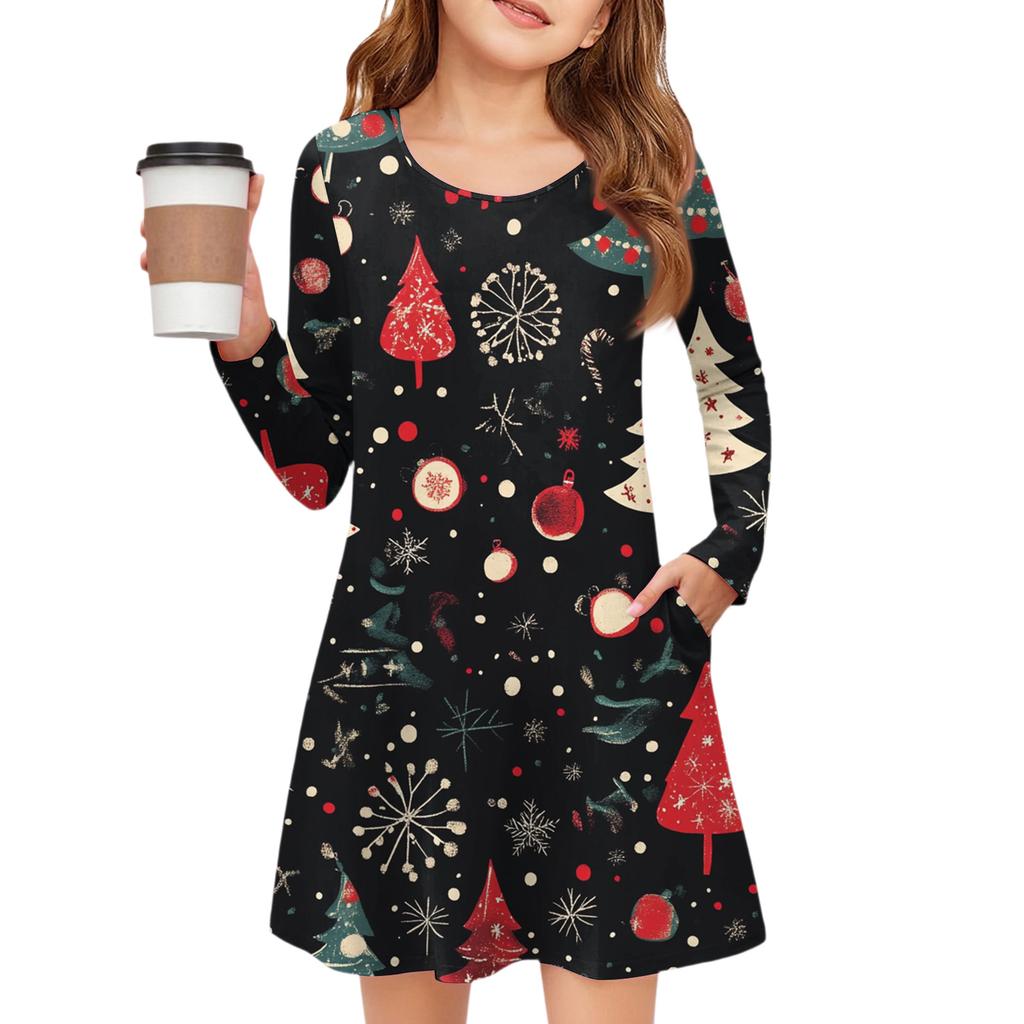 Christmas Day Girls' Long Sleeve Dress - Color Pocket Dress