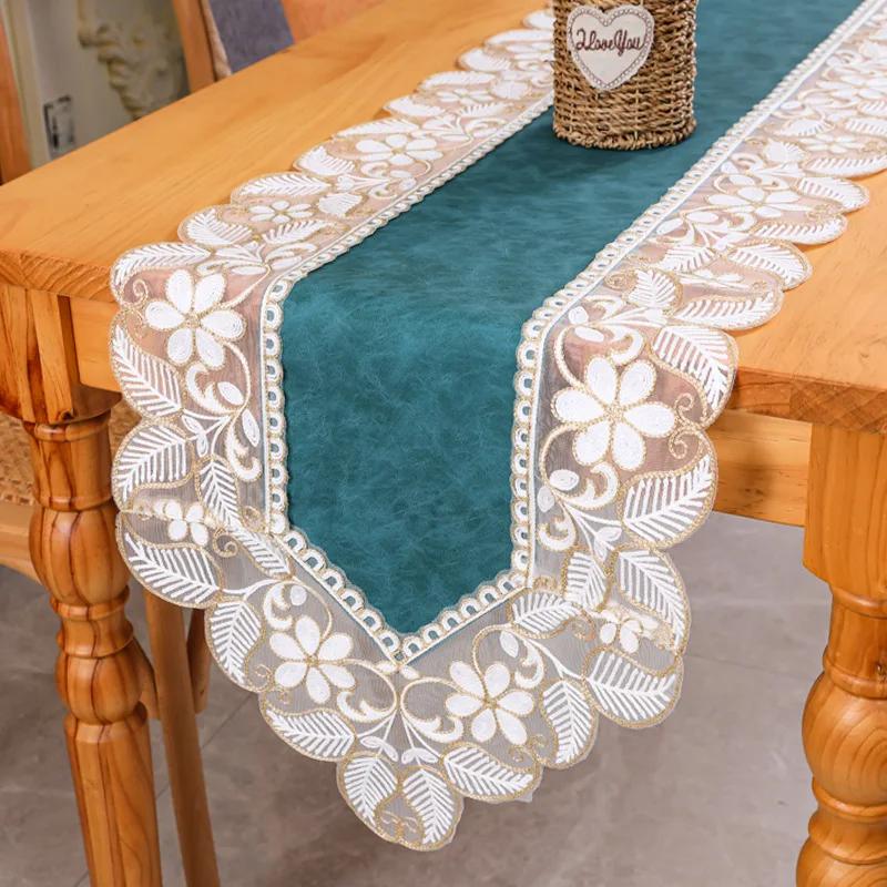 Lace table runner American luxury waterproof and oil-proof pu dining table shoe cabinet strip tablecloth table runner