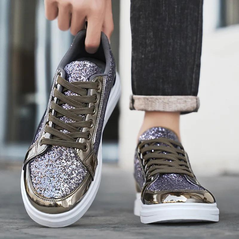 Gold Men's Sneakers 2025 New Luxury Fashion Skateborad Shoes Glitter Casual Shoes Men Platform Vulcanize Shoes Big Size Tenis