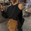 Korean Chic Off-Shoulder Loose Pullover Hoodie - Long Sleeve, Solid Color