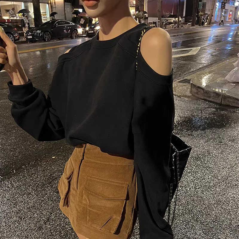 Korean Chic Off-Shoulder Loose Pullover Hoodie - Long Sleeve, Solid Color