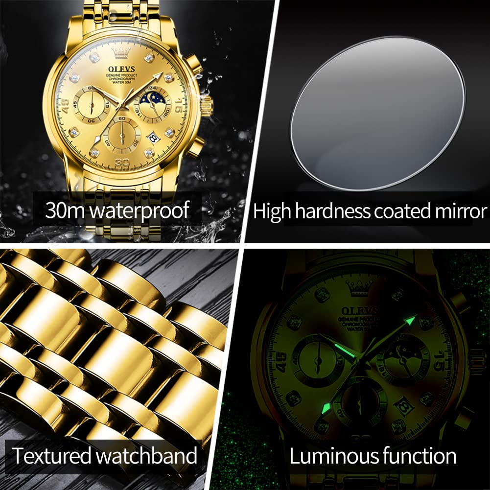 Часы OLVES Стильные популярные кварцевые часы с золотым ремешком для мужчин, повседневные аналоговые водонепроницаемые часы, легко читаемые деловые часы с датой, мужские часы с хронографом
