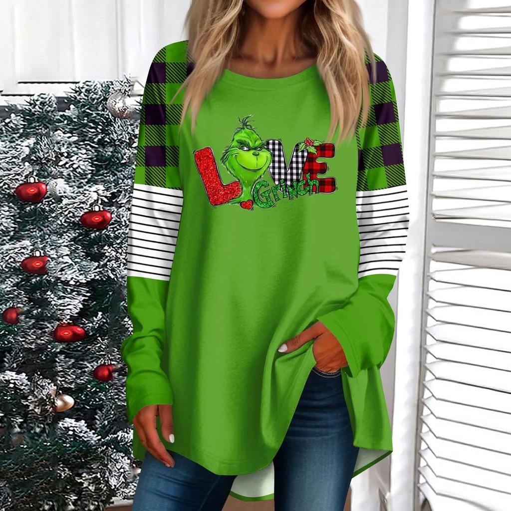 Женская повседневная футболка больших размеров с длинными рукавами и круглым вырезом с рождественским принтом, верхний пуловер