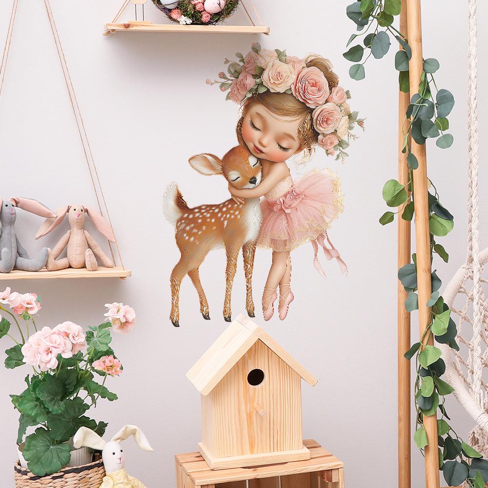 A Cartoon Ballet Girl Hugging A Little Deer Flower Bedroom Home Beautification Sticker