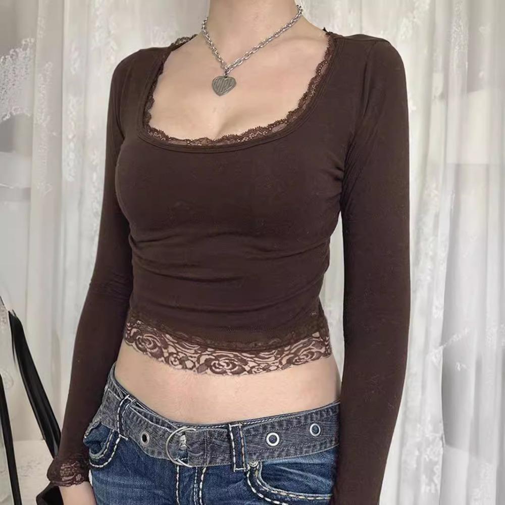 Весенне-осенняя сексуальная футболка Y2K с U-образным вырезом, кружевной вставкой и бантом, слим-фит, с длинным рукавом