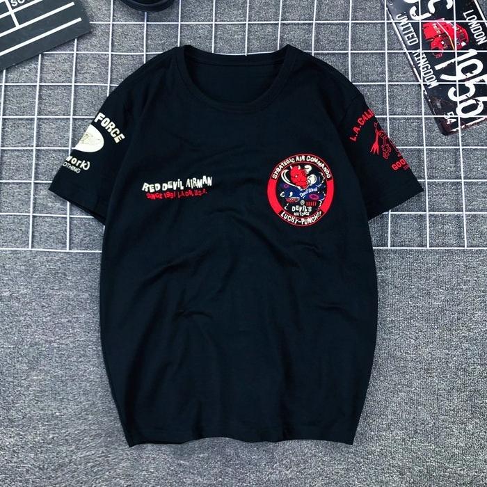 Япония Удача Призрак Маленький Дьявол Акула Истребитель Напечатанный Локомотив Хлопковая Футболка с Коротким Рукавом Мужчины Женщины Рукав до Локтя Тренд