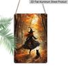 2D Flat Vintage Autumn Forest Witch with Black Cat Aluminum Metal Sign‑8.0x12.0inch Halloween Wall Decor, Witch Broom Fall Maple Leaf Art Plaque