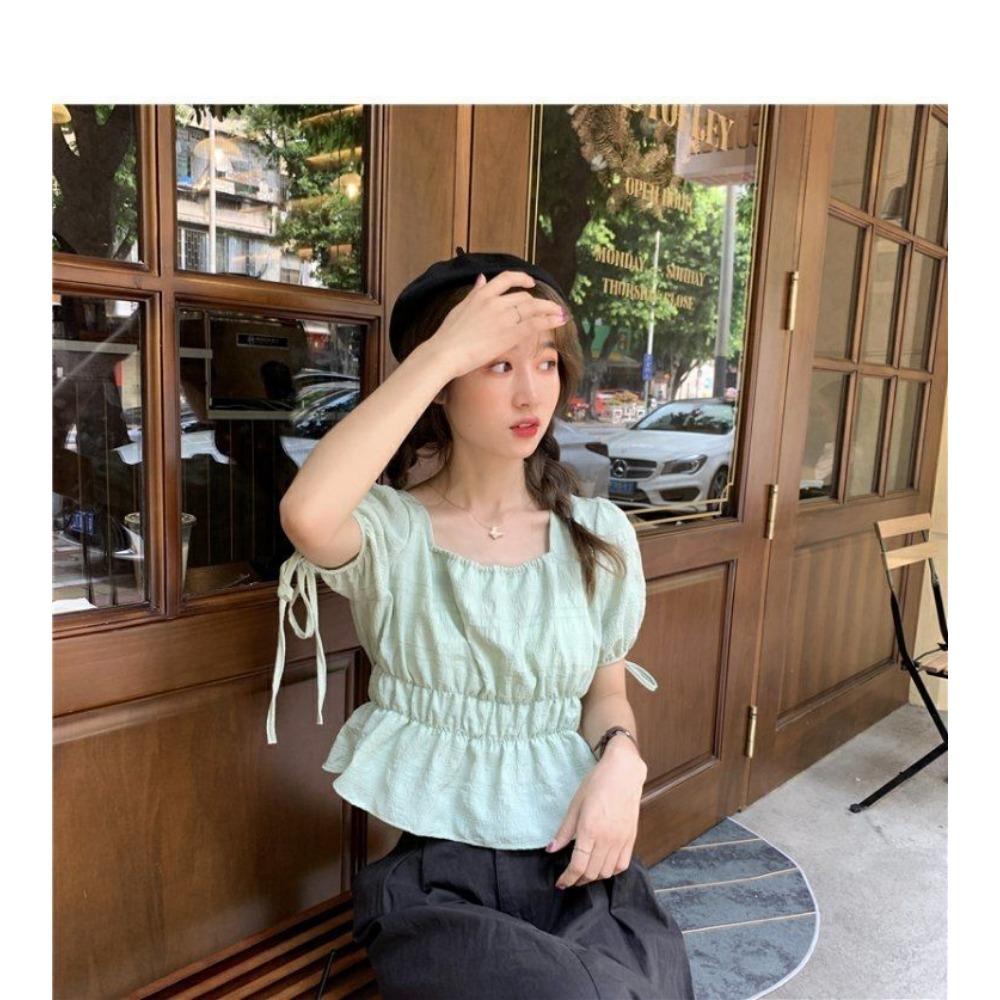 Квадратный вырез Пышный рукав Короткий топ Женская рубашка с коротким рукавом Дизайн Ниша